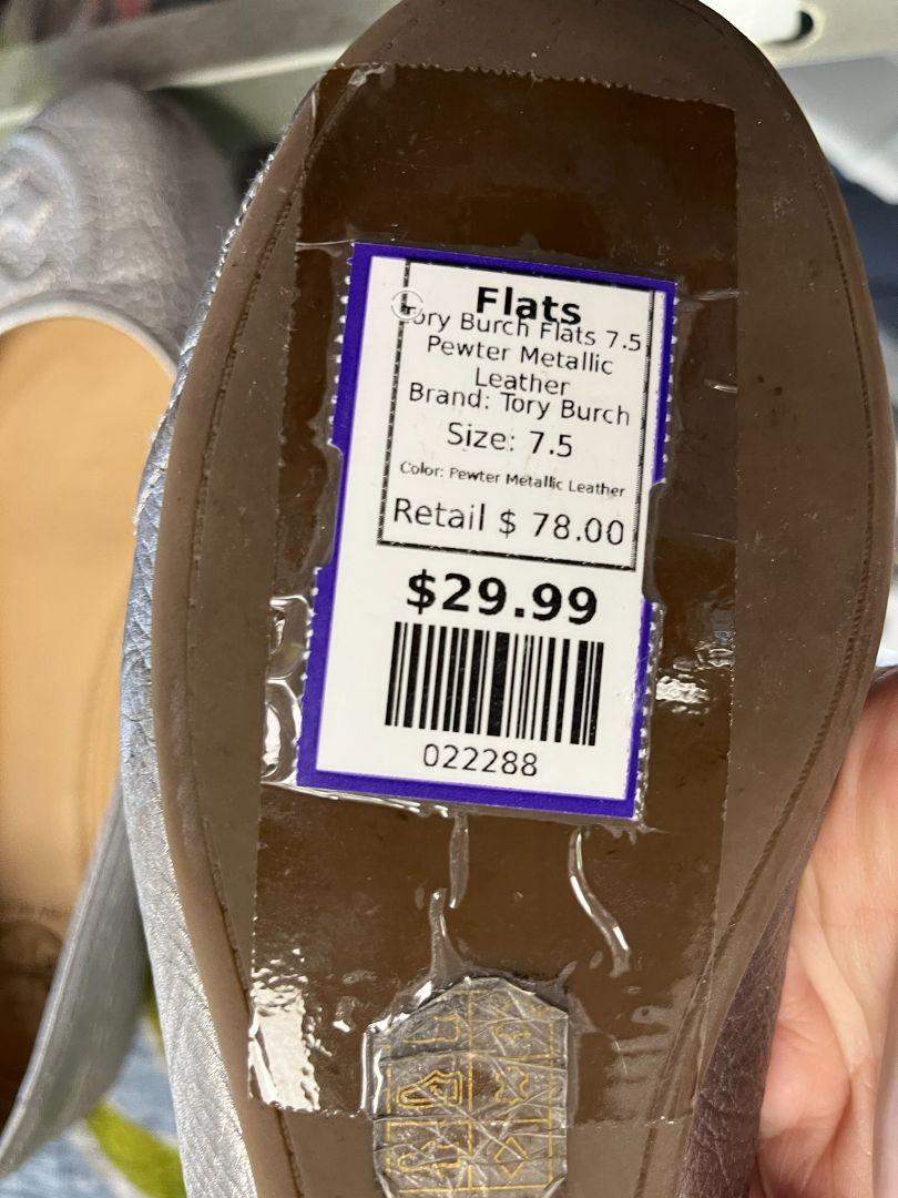 Tory Burch Ballet Flats Pewter Metallic Leather Size 7.5