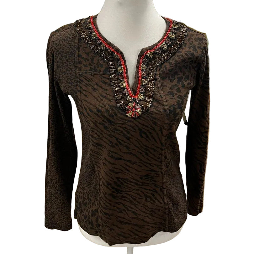 Chico's Animal Print Bead Embellished Collar Top Size Small