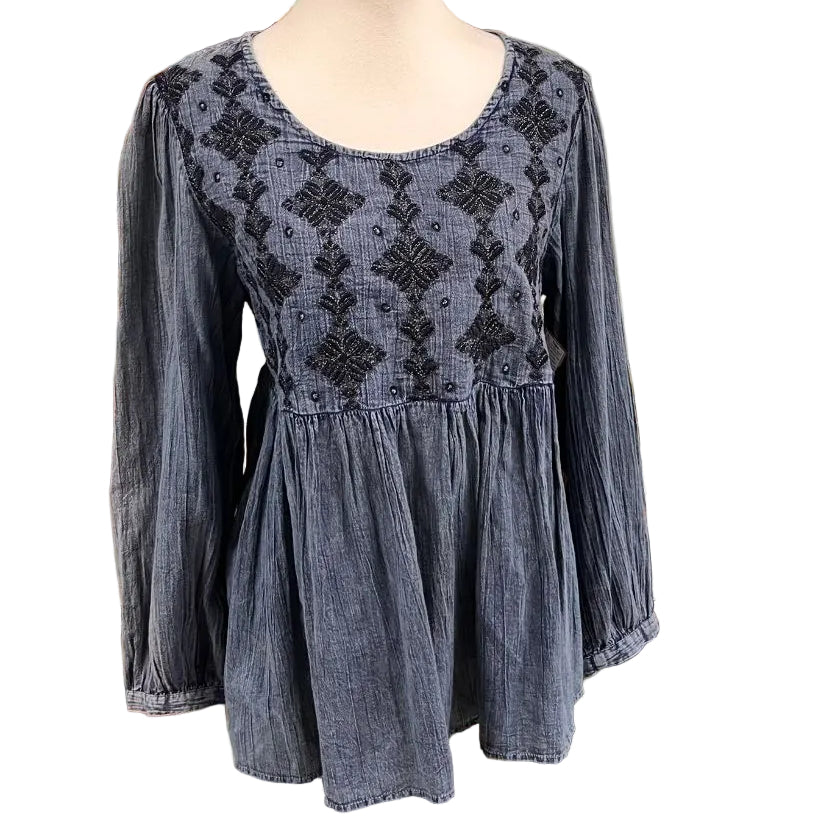 Rachel Zoe Denim Babydoll Long Sleeve Blouse Size Large
