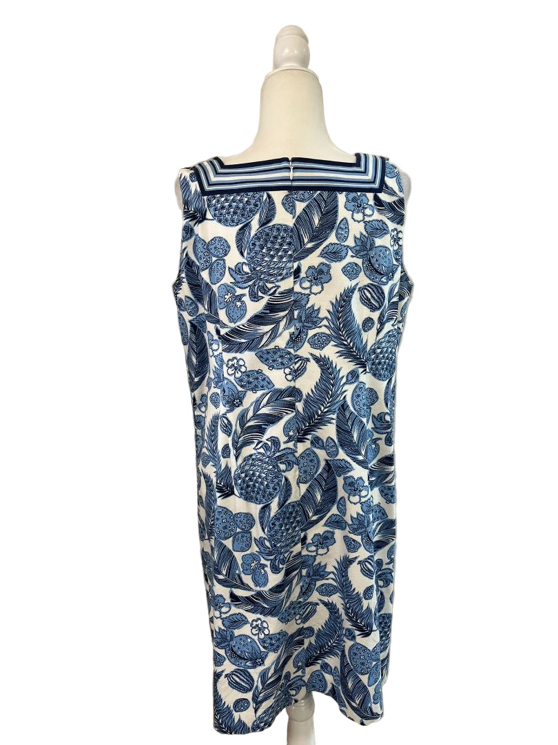 Talbots Textured Square-Neck Dress Blue Island Pineapple Print Size 14