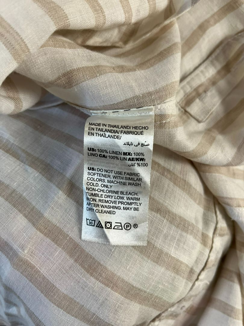 Chico’s Cream and Light Brown Striped Linen Button Down Shirt Size LP