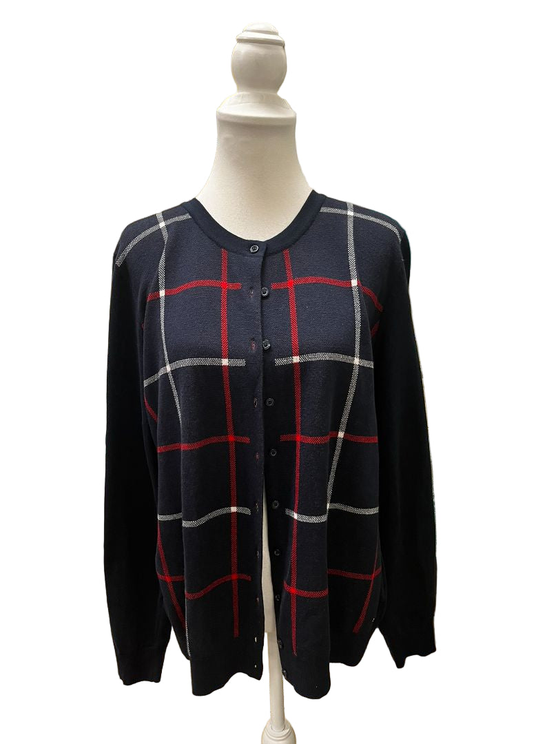 Tommy Hilfiger Windowpane Plaid Navy, Red and White Cardigan Size XL