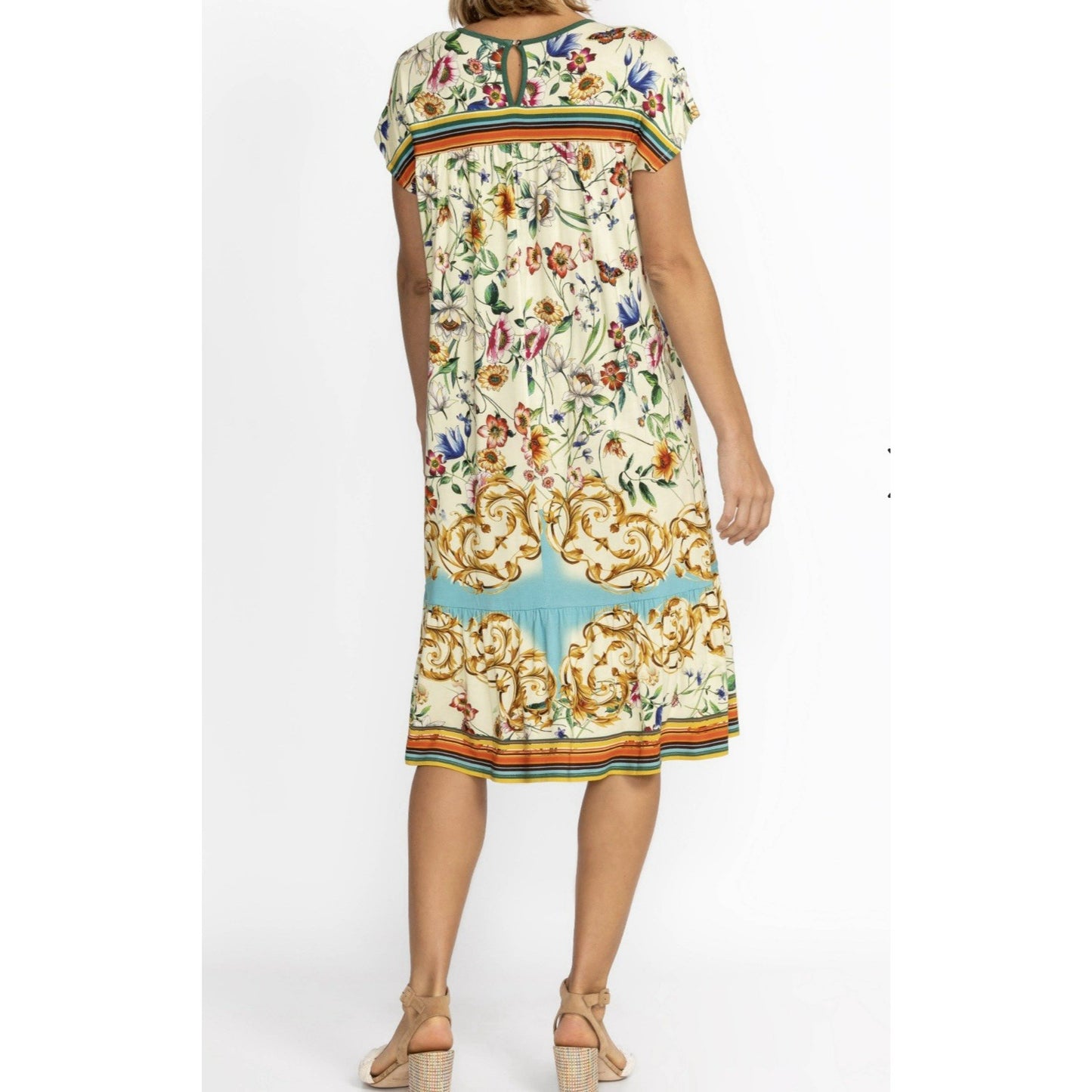 Johnny Was Felix Trapeze Floral & Striped Banboo Midi Casual Dress Medium M