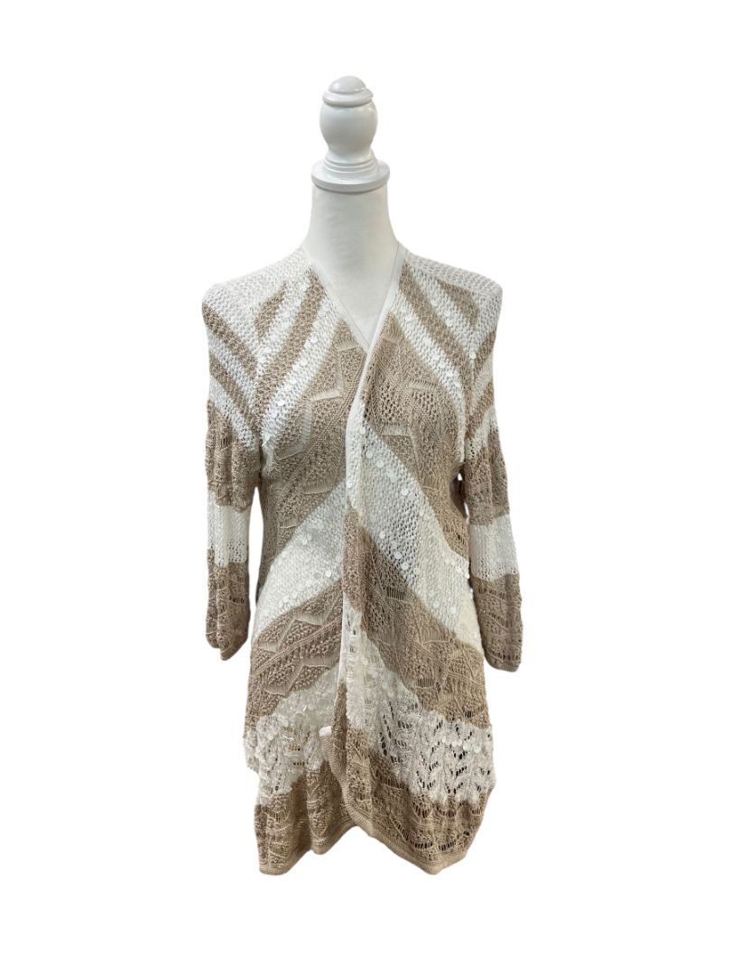 Beige & White Open Front Cardigan by Chico's