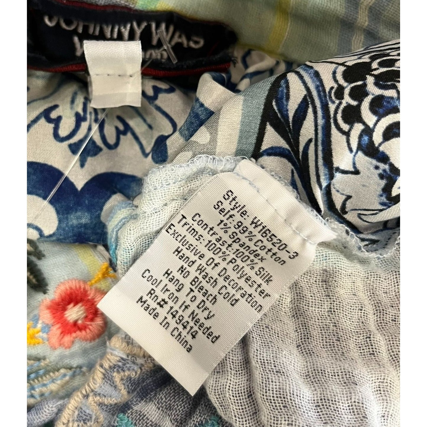 Johnny Was Norah Effortless Peasant Blue Plaid & Floral Embroidered Boho Style Top Size Small