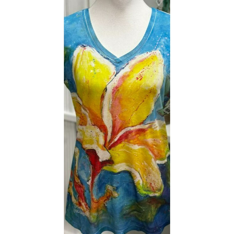 Leoma Lovegrove Womens V-Neck Short Sleeve Artistic Floral Print Top Size M