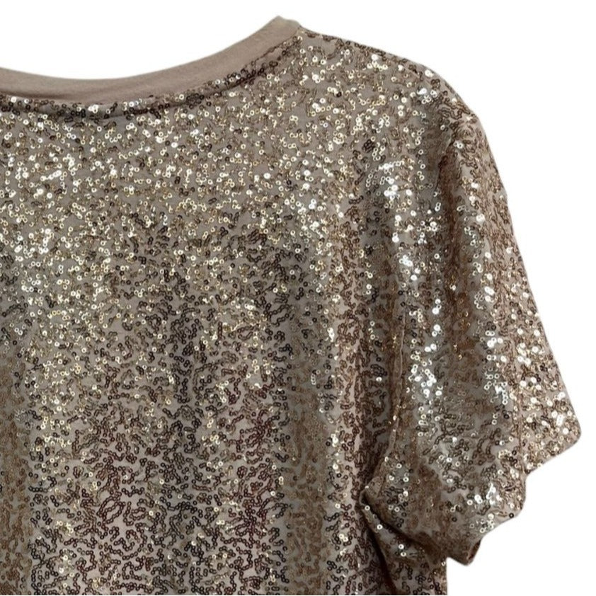 DKNY Rose Gold Sequin Sparkly Partywear Short Sleeve Top Size XL