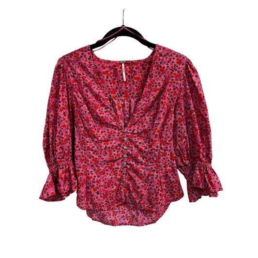 Free People Pink Floral Button-Front Blouse With Ruffle Sleeves Size Small
