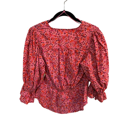 Free People Pink Floral Button-Front Blouse With Ruffle Sleeves Size Small