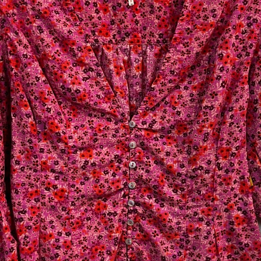 Free People Pink Floral Button-Front Blouse With Ruffle Sleeves Size Small