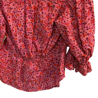 Free People Pink Floral Button-Front Blouse With Ruffle Sleeves Size Small
