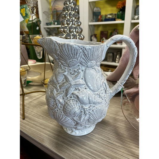 White Ceramic Sea Life Embossed Pitcher Molded With Seashells & Starfish By Molde
