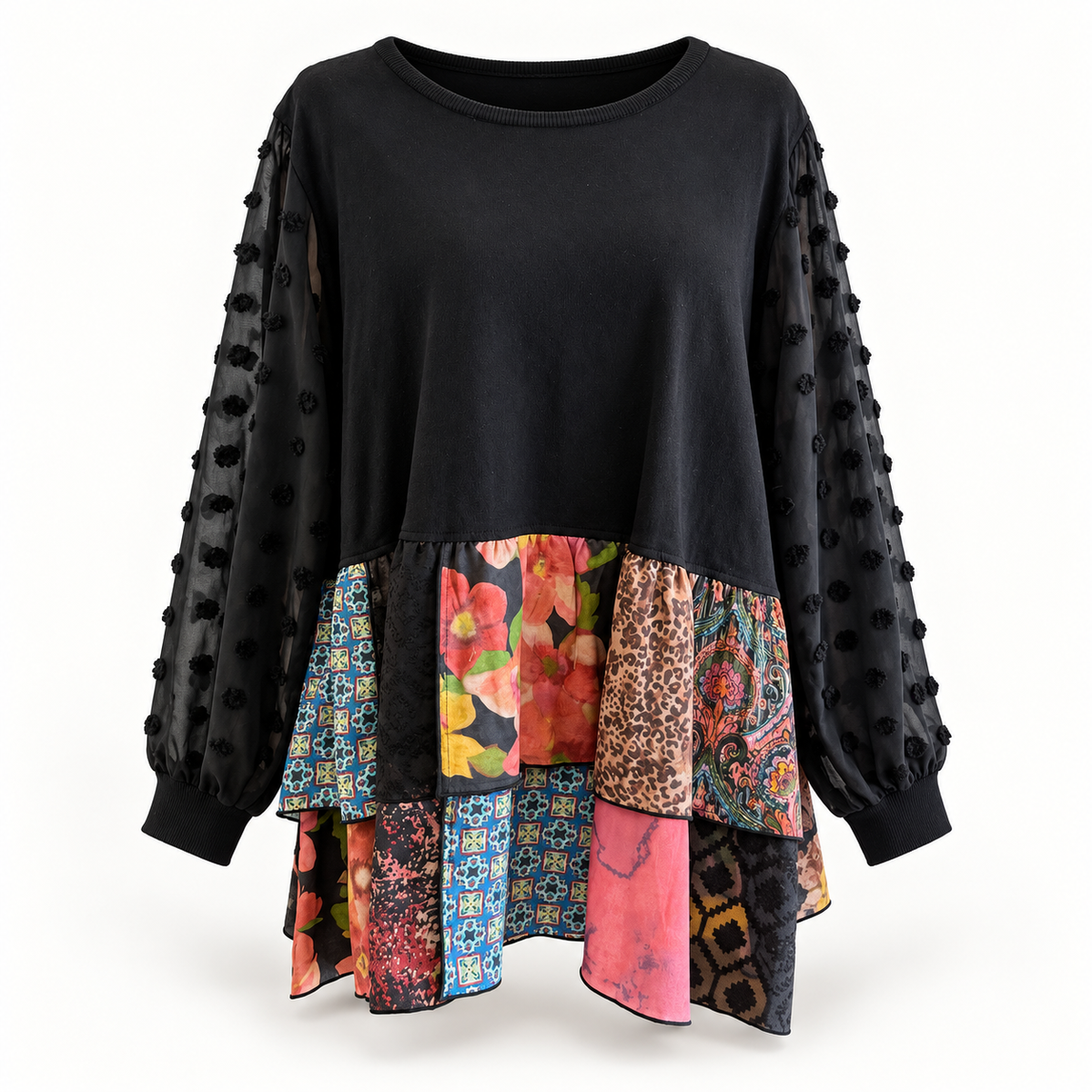 John Mark Black Mixed Print Tiered Tunic Top – Size 1X
