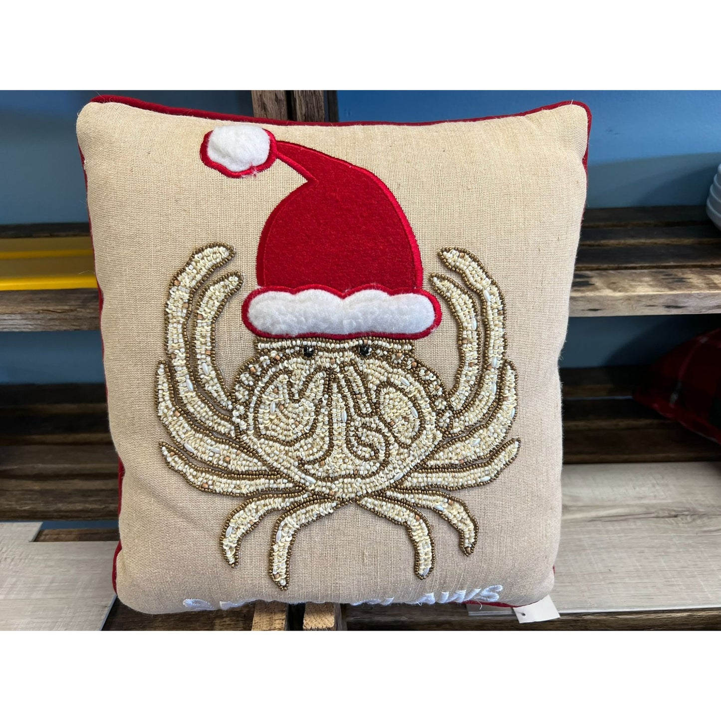 Santa Claws Crabby Christmas Pillow With Red Beaded Embellishment
