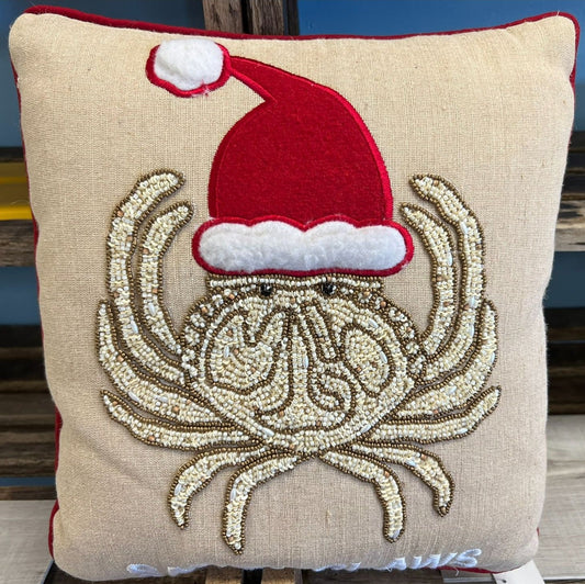 Santa Claws Crabby Christmas Pillow With Red Beaded Embellishment