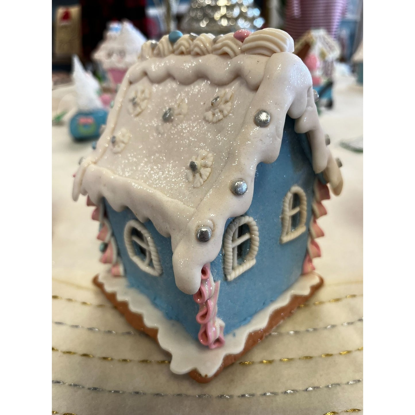 Small Frosted Gingerbread House By Valerie Par Hill With Glittery Snow Accents & Timer Light Feature