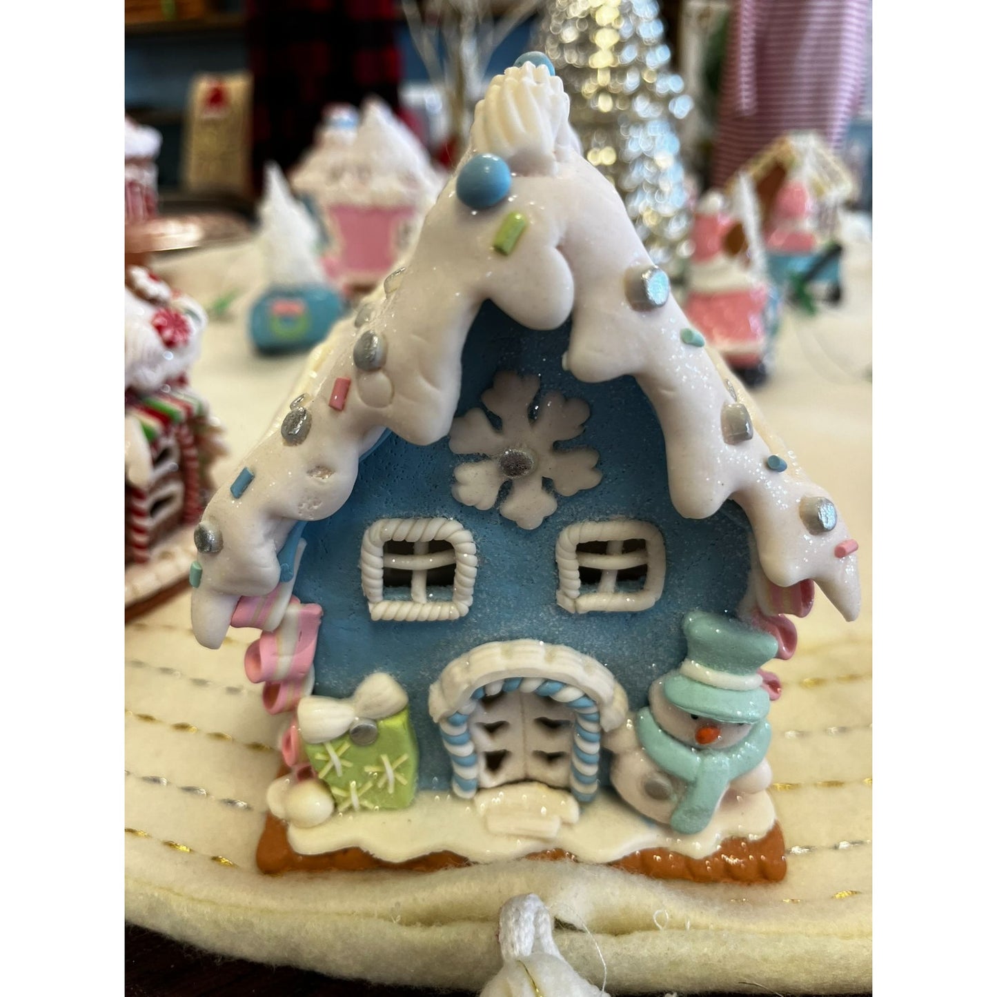 Small Frosted Gingerbread House By Valerie Par Hill With Glittery Snow Accents & Timer Light Feature