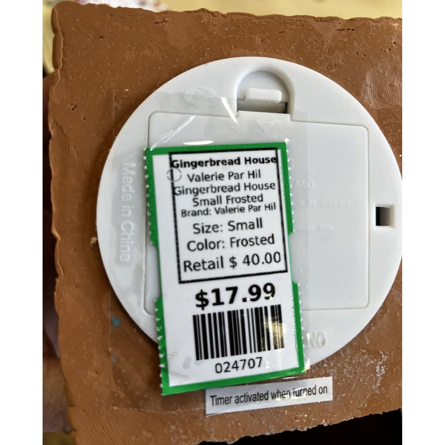 Small Frosted Gingerbread House By Valerie Par Hill With Glittery Snow Accents & Timer Light Feature