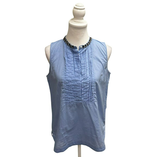 J.Crew Sleeveless Light Blue Blouse With Pleated Front & Embellished Collar Size 6
