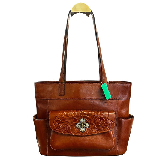 Patricia Nash Floral Embossed Leather Tote Bag With Cross Detail Brown Large