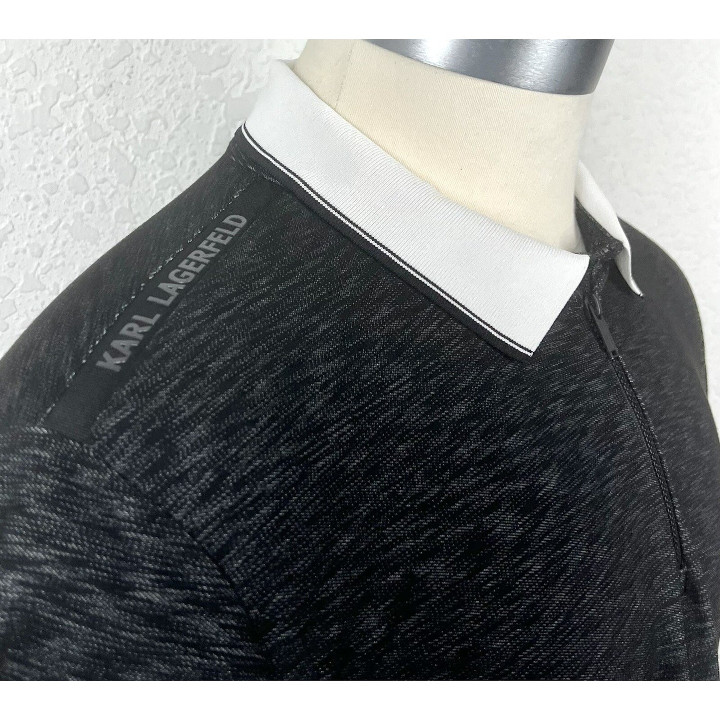 Karl Lagerfeld Black Gray Space Dye Logo Men’s Zip Front Polo Casual Shirt XL