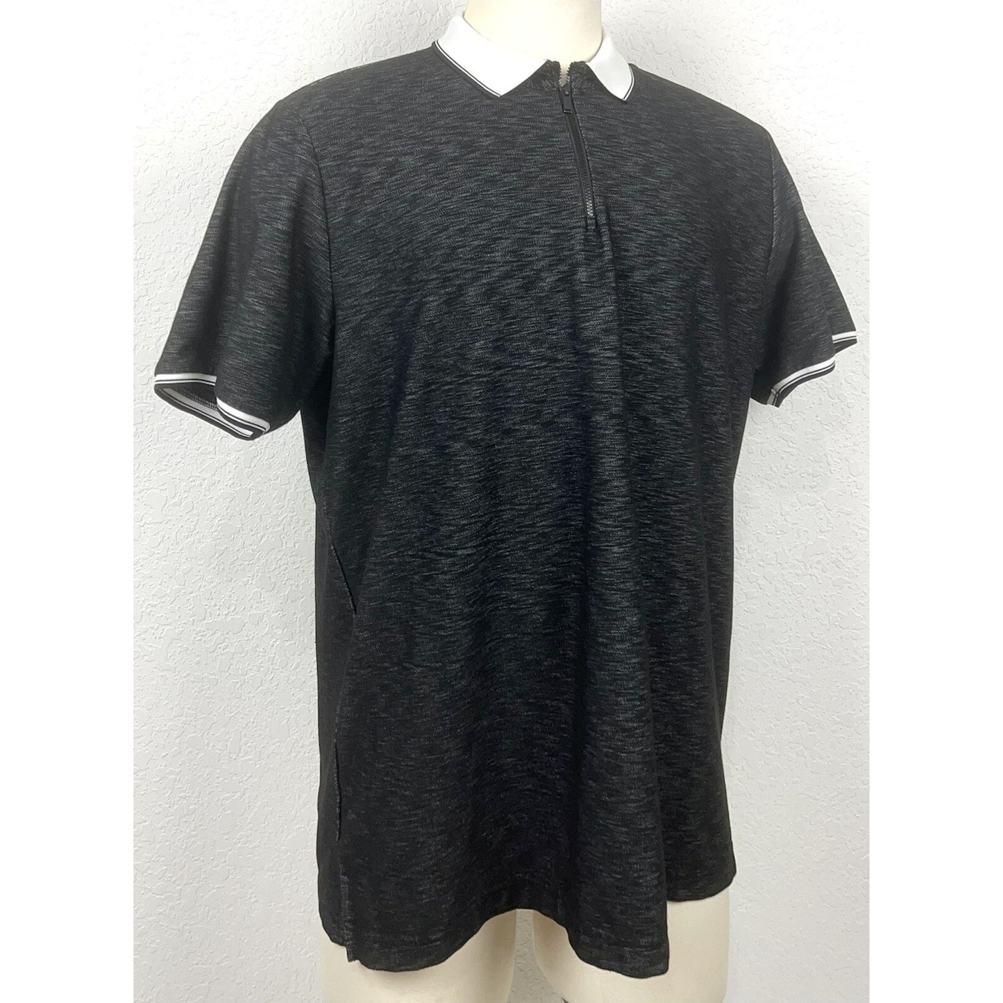 Karl Lagerfeld Black Gray Space Dye Logo Men’s Zip Front Polo Casual Shirt XL