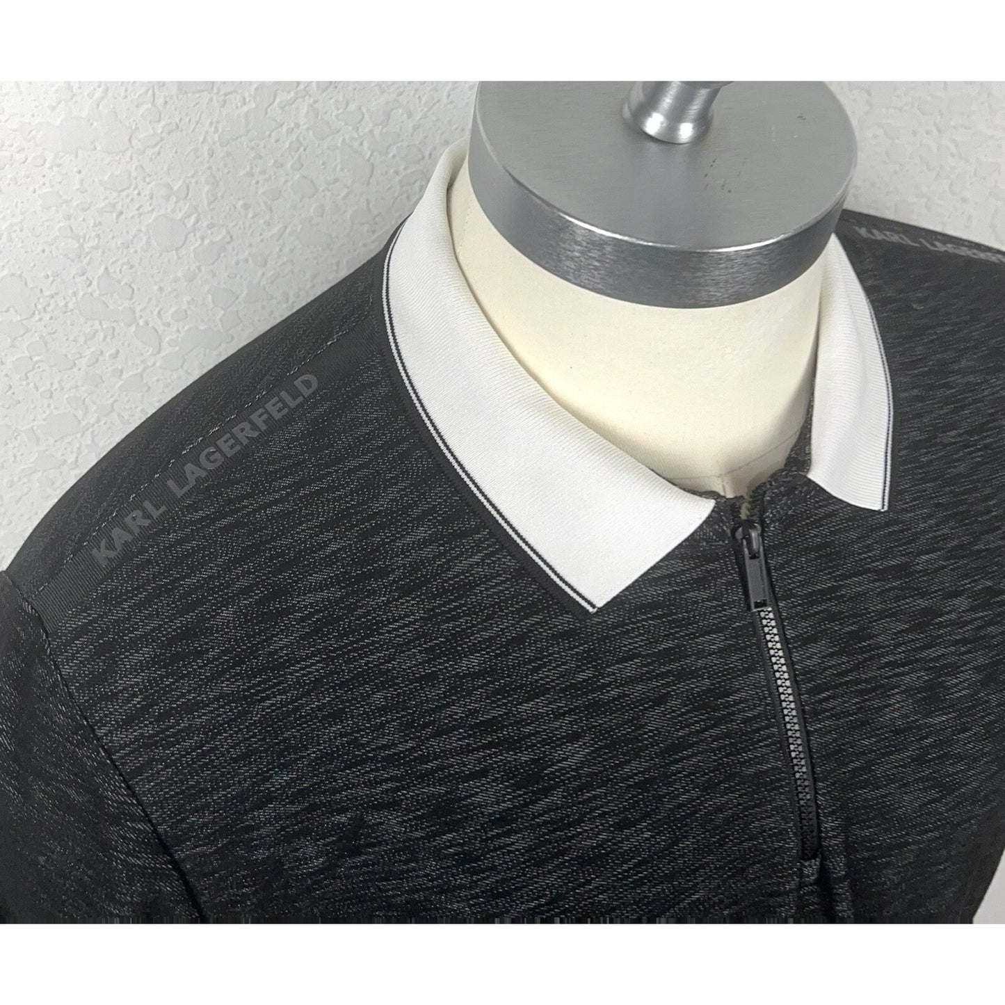 Karl Lagerfeld Black Gray Space Dye Logo Men’s Zip Front Polo Casual Shirt XL