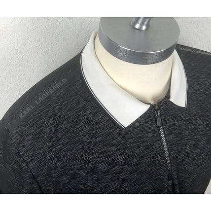 Karl Lagerfeld Black Gray Space Dye Logo Men’s Zip Front Polo Casual Shirt XL