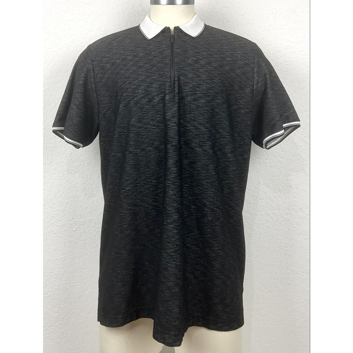 Karl Lagerfeld Black Gray Space Dye Logo Men’s Zip Front Polo Casual Shirt XL