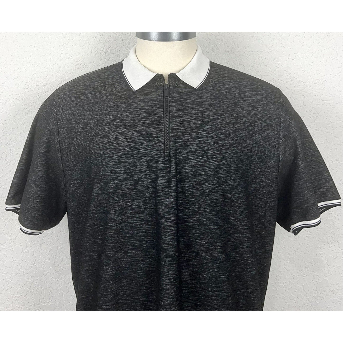 Karl Lagerfeld Black Gray Space Dye Logo Men’s Zip Front Polo Casual Shirt XL