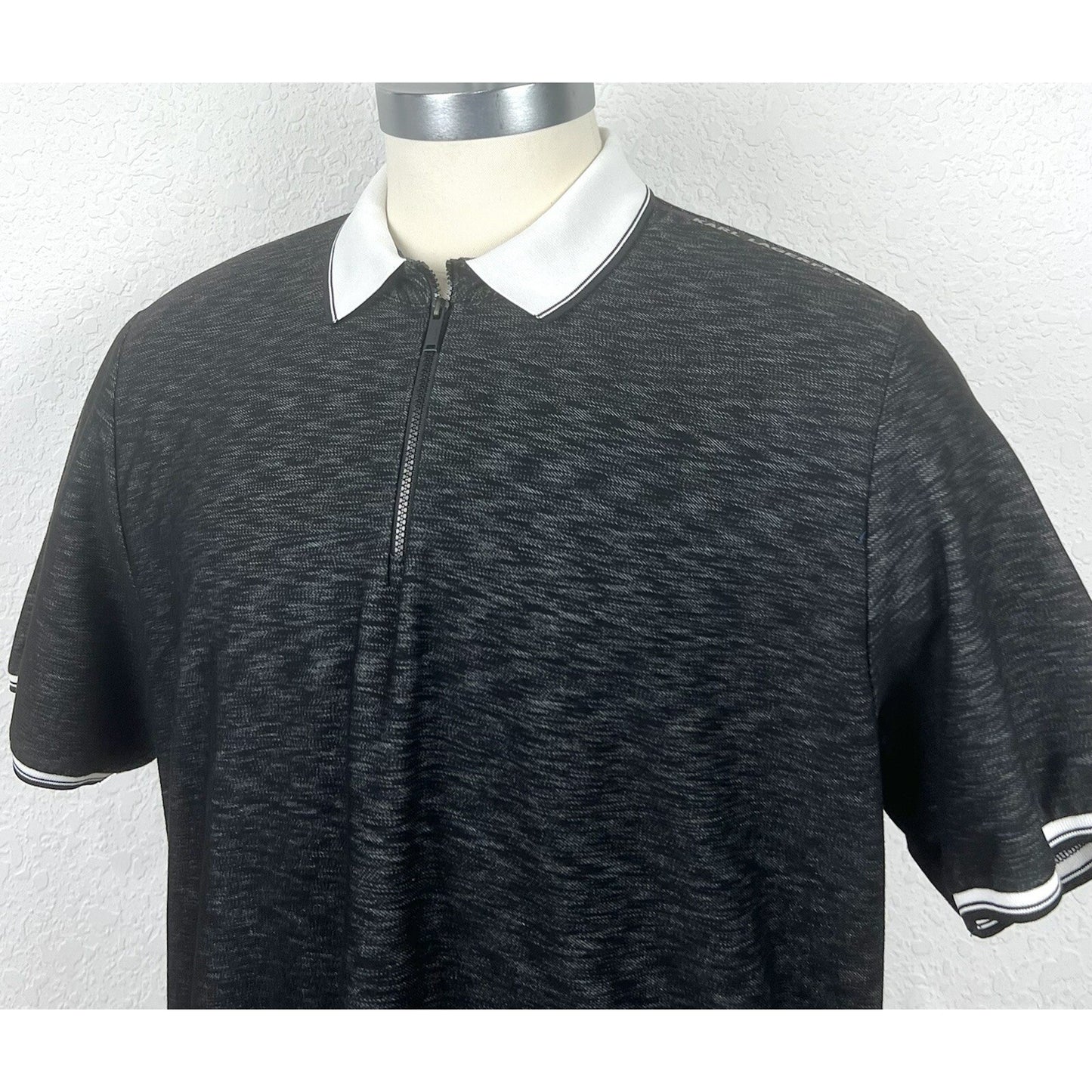 Karl Lagerfeld Black Gray Space Dye Logo Men’s Zip Front Polo Casual Shirt XL