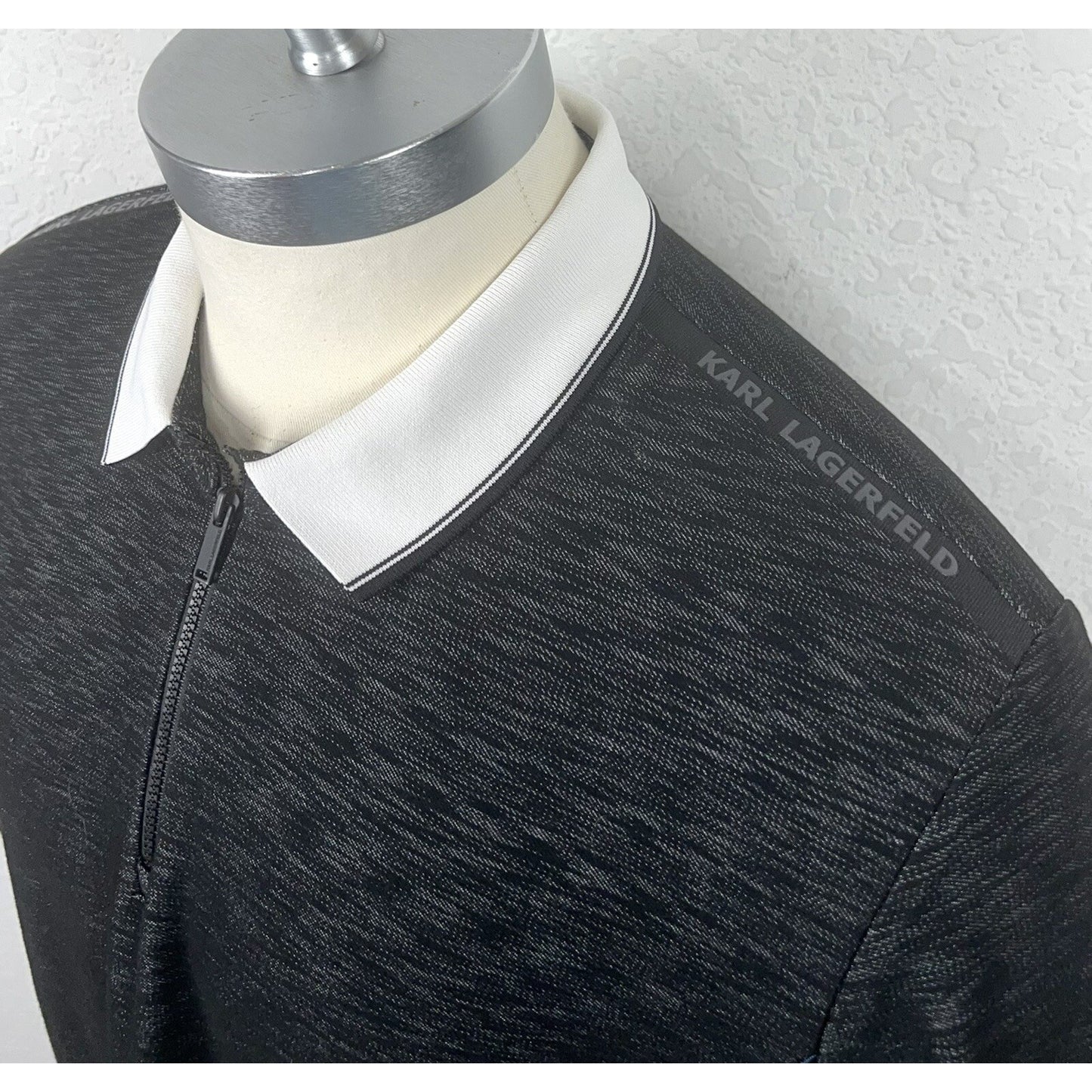 Karl Lagerfeld Black Gray Space Dye Logo Men’s Zip Front Polo Casual Shirt XL