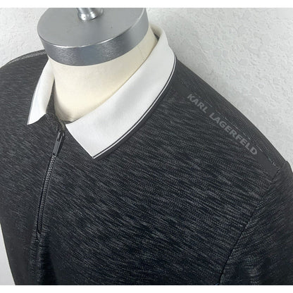 Karl Lagerfeld Black Gray Space Dye Logo Men’s Zip Front Polo Casual Shirt XL