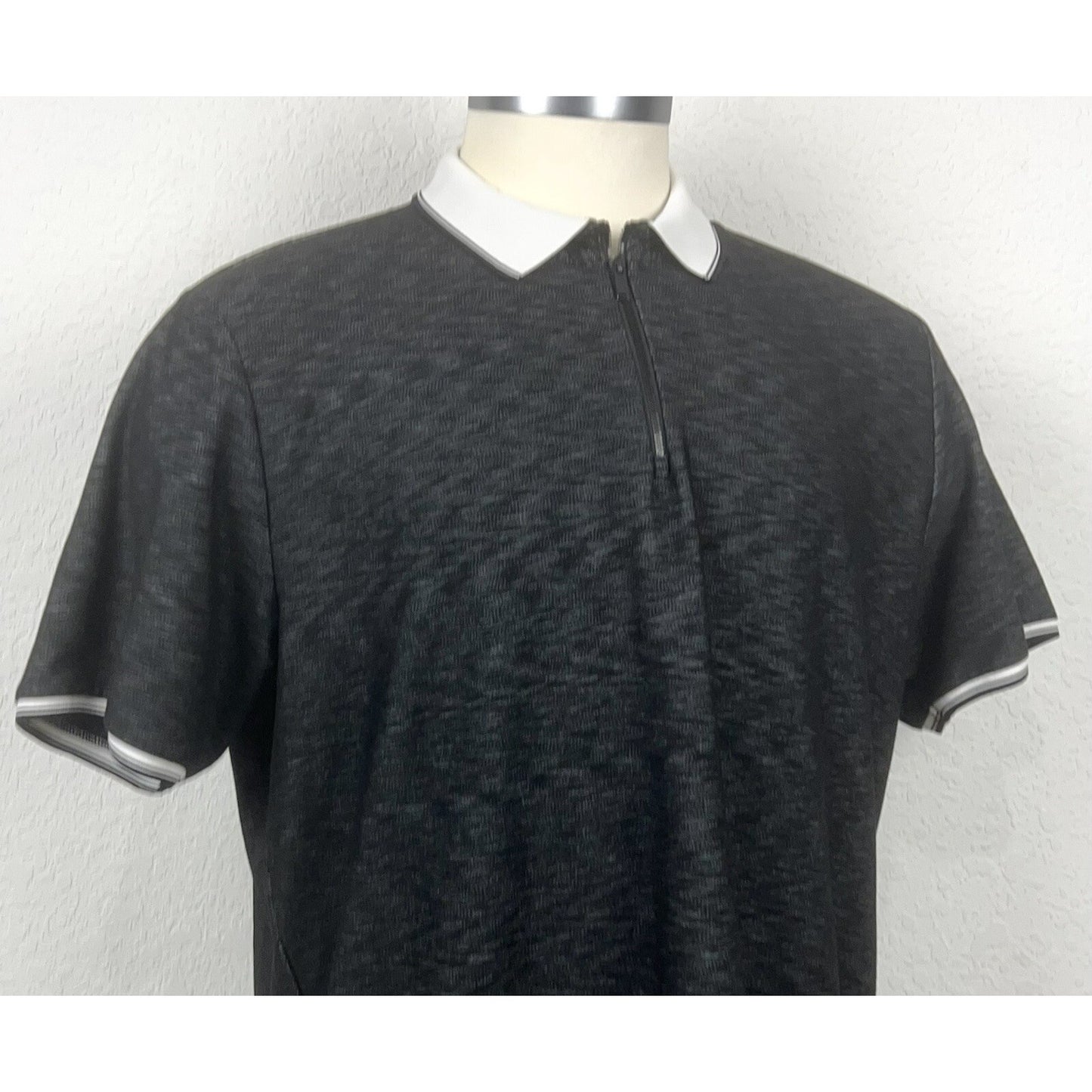 Karl Lagerfeld Black Gray Space Dye Logo Men’s Zip Front Polo Casual Shirt XL