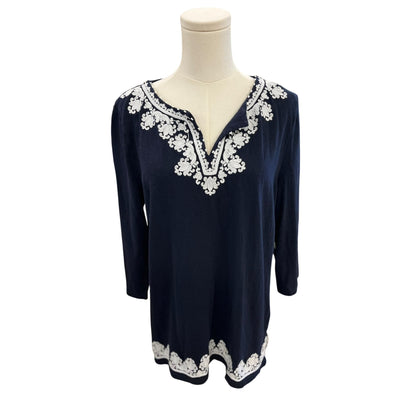 Talbots Blue & White Embroidered Tunic Top 3/4 Sleeve Size Large