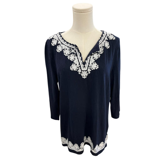 Talbots Blue & White Embroidered Tunic Top 3/4 Sleeve Size Large