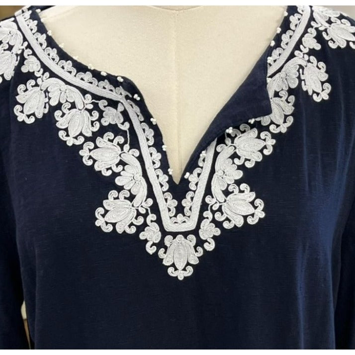 Talbots Blue & White Embroidered Tunic Top 3/4 Sleeve Size Large