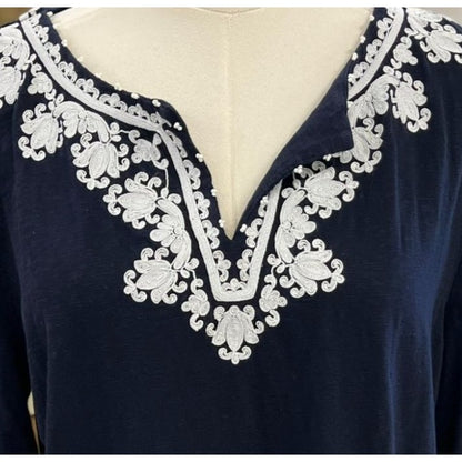 Talbots Blue & White Embroidered Tunic Top 3/4 Sleeve Size Large