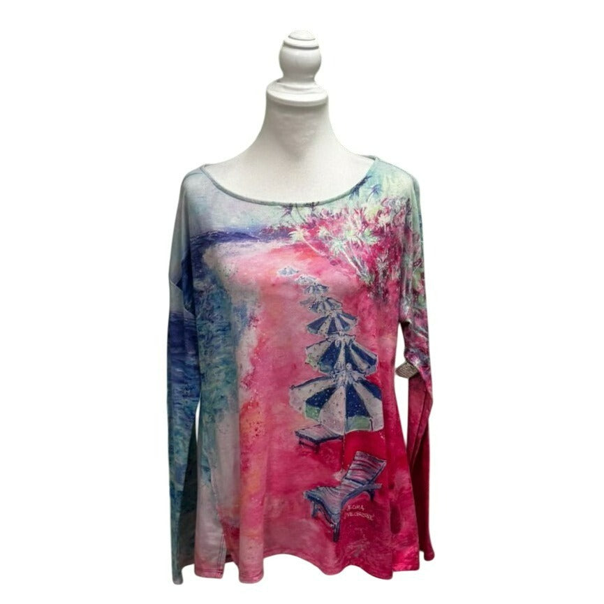 Leoma Lovegrove Womens Long Sleeve Pink/Blue Beach Artistic Shirt L