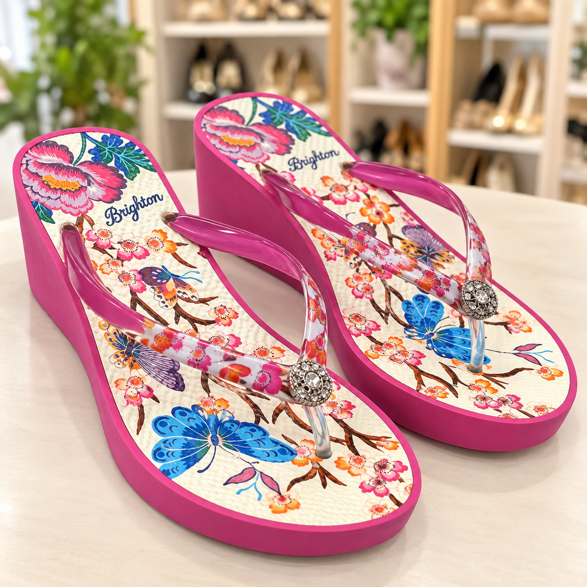 Brighton Pink Floral & Butterfly Wedge Flip-Flops – Size 10