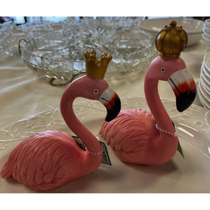 Pink Flamingo Love Birds Couples With Crown & Tiara Set Of 2