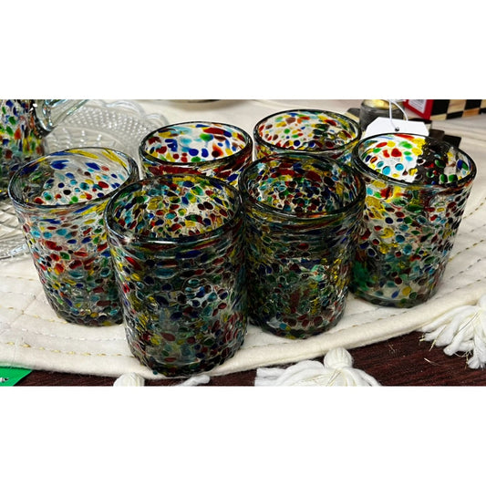 Set Of 6 Don Suenos Colorful Hand-Blown Glass Tumblers With Multicolor Splatter Design 10 Oz Each