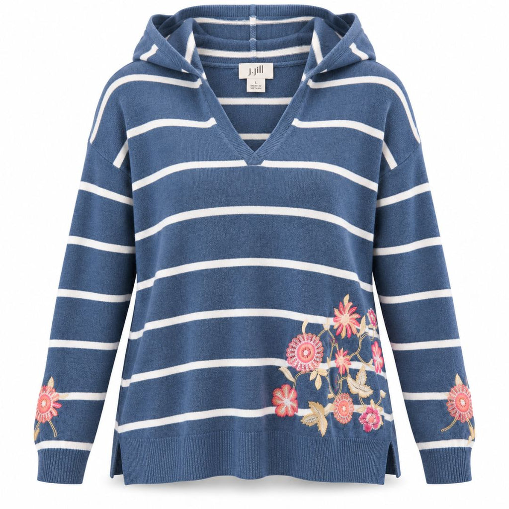 J Jill Blue Stripe Embroidered Floral Hooded Sweater Size Large