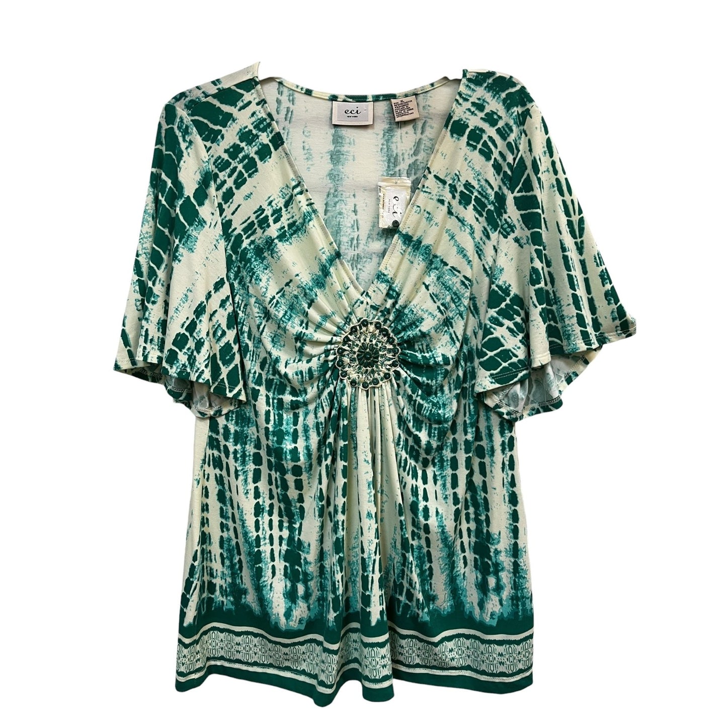 ECI Green and White Tye-Dye Top with Beaded Accent Size XL