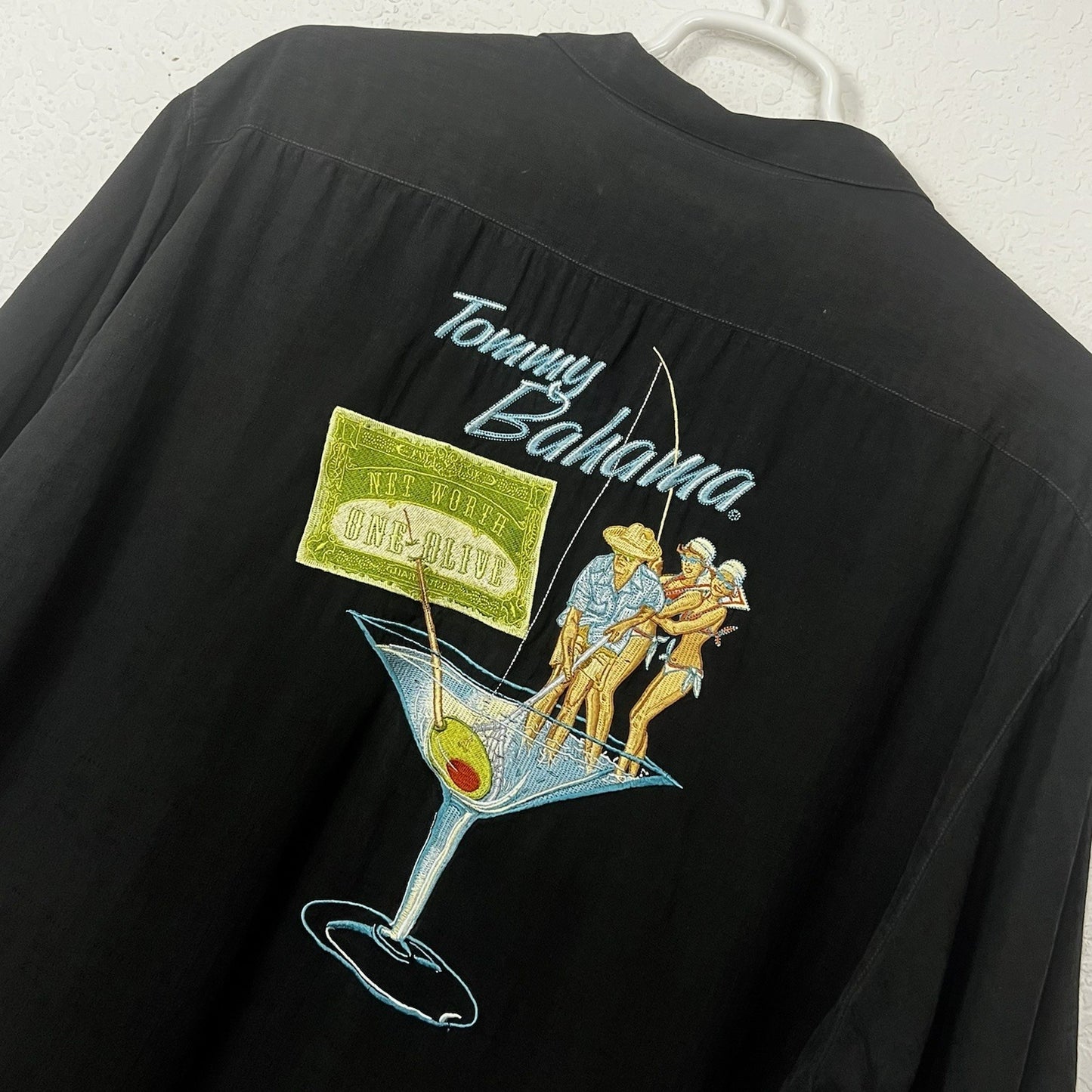 Tommy Bahama Net Worth One Olive Embroidered Black Silk Short Sleeve Shirt XL