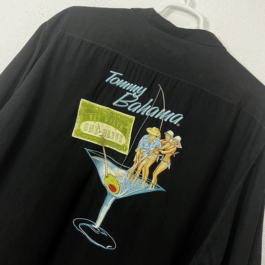 Tommy Bahama Net Worth One Olive Embroidered Black Silk Short Sleeve Shirt XL