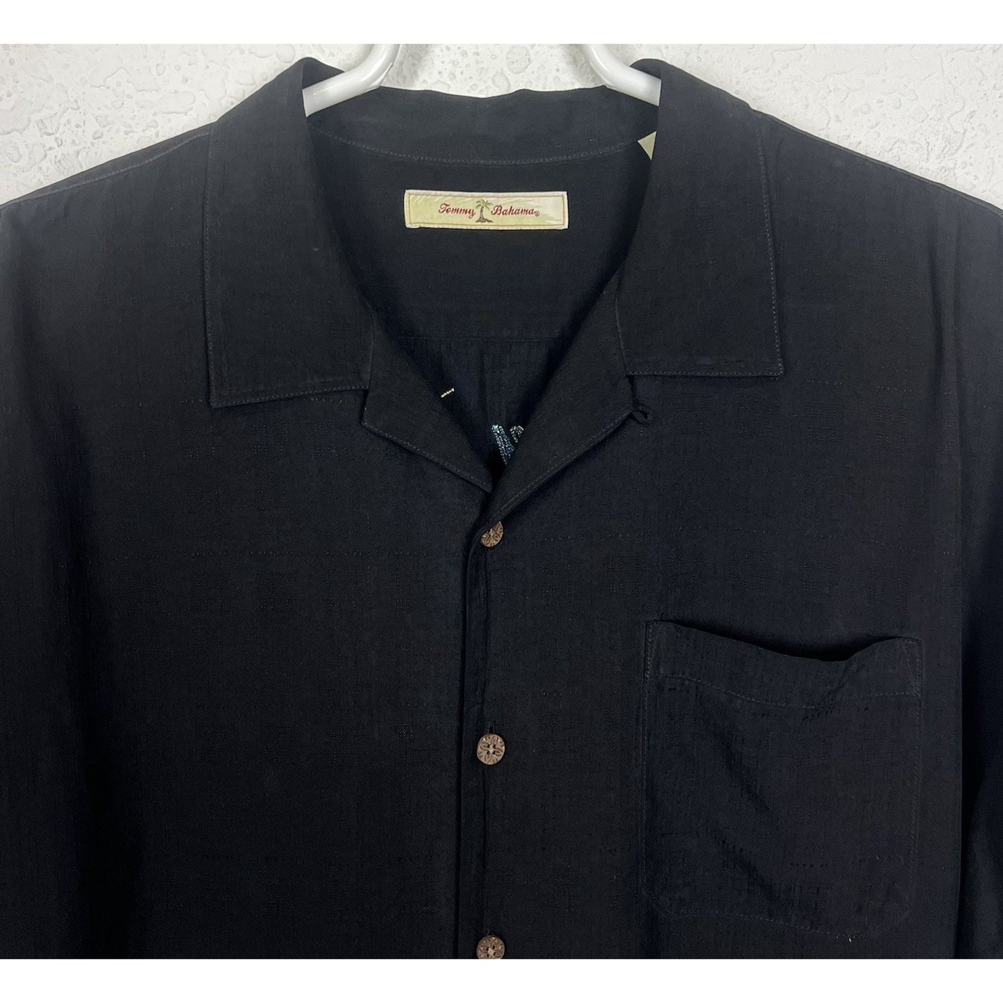 Tommy Bahama Net Worth One Olive Embroidered Black Silk Short Sleeve Shirt XL