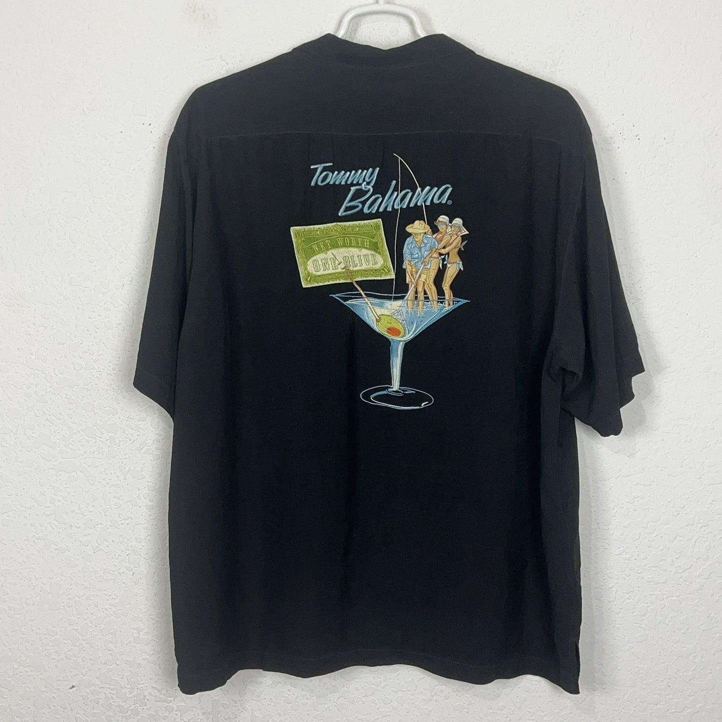Tommy Bahama Net Worth One Olive Embroidered Black Silk Short Sleeve Shirt XL