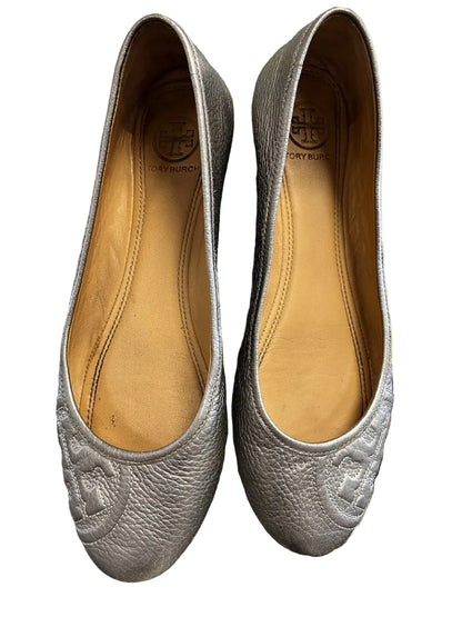 Tory Burch Ballet Flats Pewter Metallic Leather Size 7.5