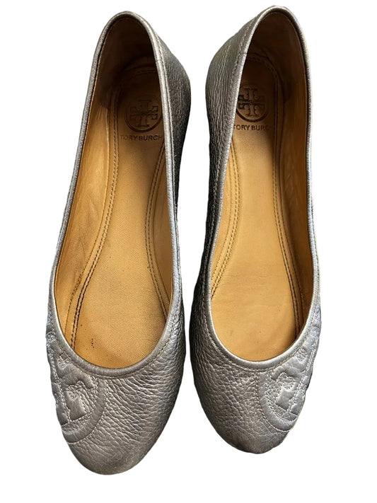 Tory Burch Ballet Flats Pewter Metallic Leather Size 7.5